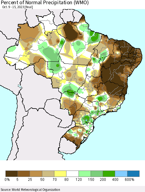 Brazil Percent of Normal Precipitation (WMO) Thematic Map For 10/9/2023 - 10/15/2023