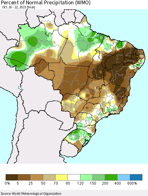 Brazil Percent of Normal Precipitation (WMO) Thematic Map For 10/16/2023 - 10/22/2023