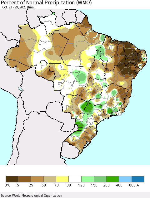 Brazil Percent of Normal Precipitation (WMO) Thematic Map For 10/23/2023 - 10/29/2023