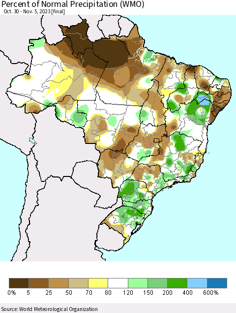 Brazil Percent of Normal Precipitation (WMO) Thematic Map For 10/30/2023 - 11/5/2023