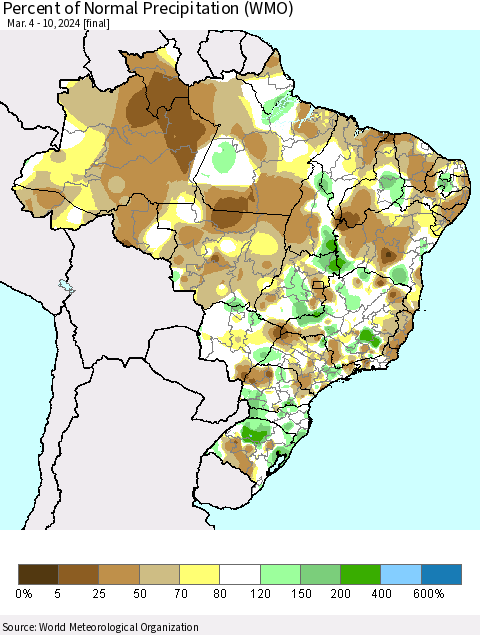 Brazil Percent of Normal Precipitation (WMO) Thematic Map For 3/4/2024 - 3/10/2024
