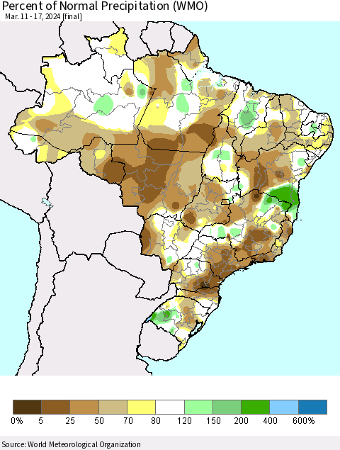 Brazil Percent of Normal Precipitation (WMO) Thematic Map For 3/11/2024 - 3/17/2024