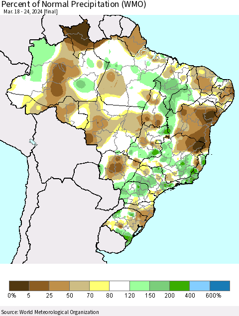 Brazil Percent of Normal Precipitation (WMO) Thematic Map For 3/18/2024 - 3/24/2024