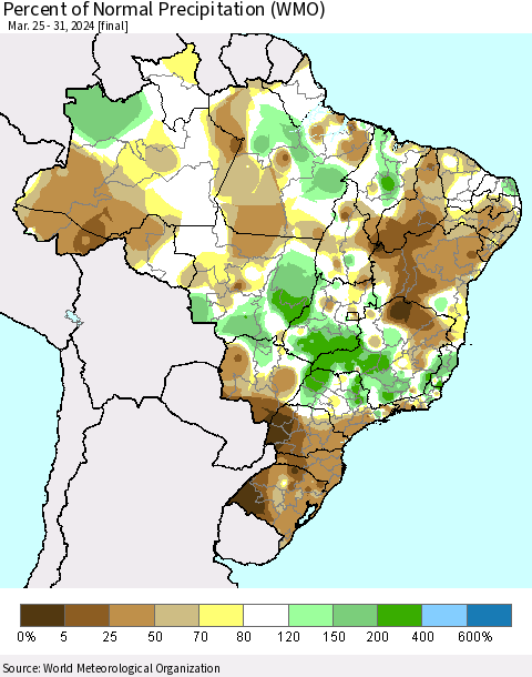 Brazil Percent of Normal Precipitation (WMO) Thematic Map For 3/25/2024 - 3/31/2024