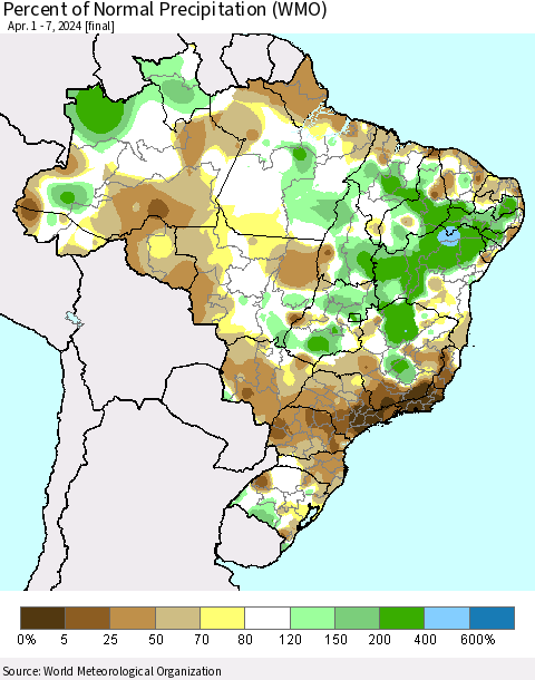 Brazil Percent of Normal Precipitation (WMO) Thematic Map For 4/1/2024 - 4/7/2024