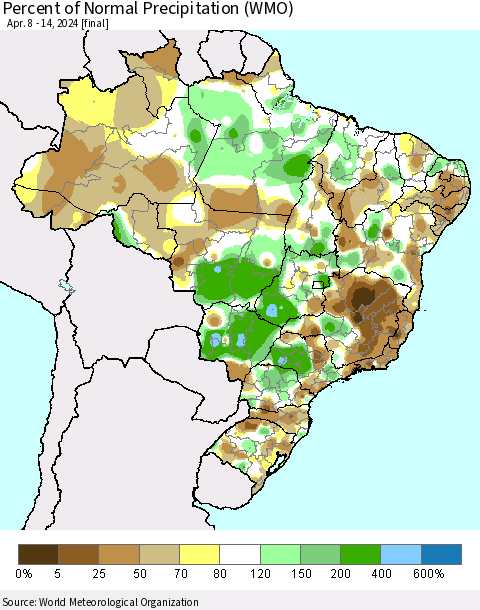 Brazil Percent of Normal Precipitation (WMO) Thematic Map For 4/8/2024 - 4/14/2024