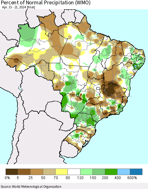 Brazil Percent of Normal Precipitation (WMO) Thematic Map For 4/15/2024 - 4/21/2024