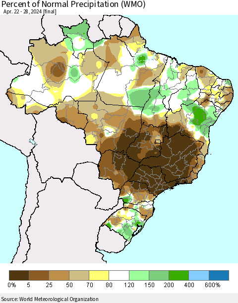 Brazil Percent of Normal Precipitation (WMO) Thematic Map For 4/22/2024 - 4/28/2024