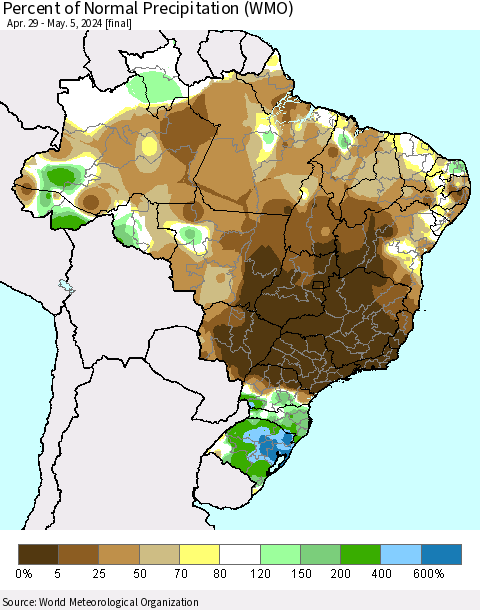 Brazil Percent of Normal Precipitation (WMO) Thematic Map For 4/29/2024 - 5/5/2024
