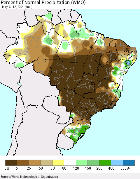 Brazil Percent of Normal Precipitation (WMO) Thematic Map For 5/6/2024 - 5/12/2024