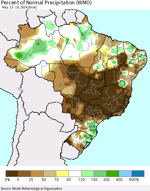 Brazil Percent of Normal Precipitation (WMO) Thematic Map For 5/13/2024 - 5/19/2024