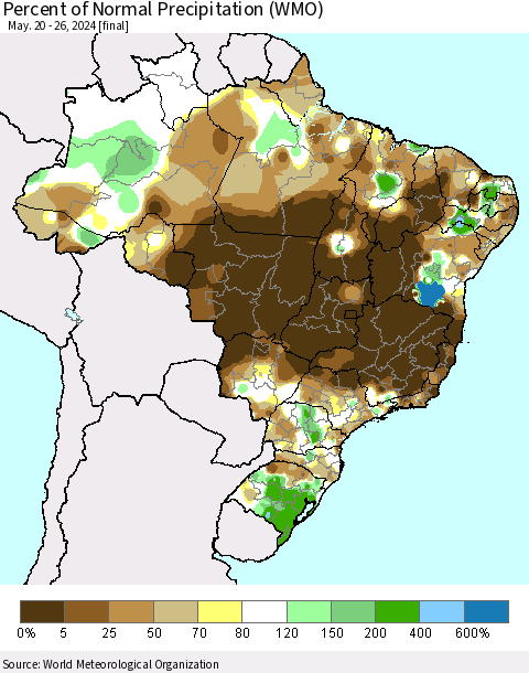 Brazil Percent of Normal Precipitation (WMO) Thematic Map For 5/20/2024 - 5/26/2024