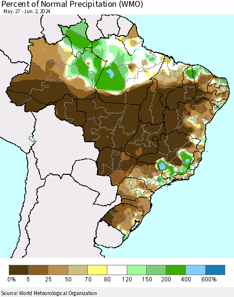 Brazil Percent of Normal Precipitation (WMO) Thematic Map For 5/27/2024 - 6/2/2024