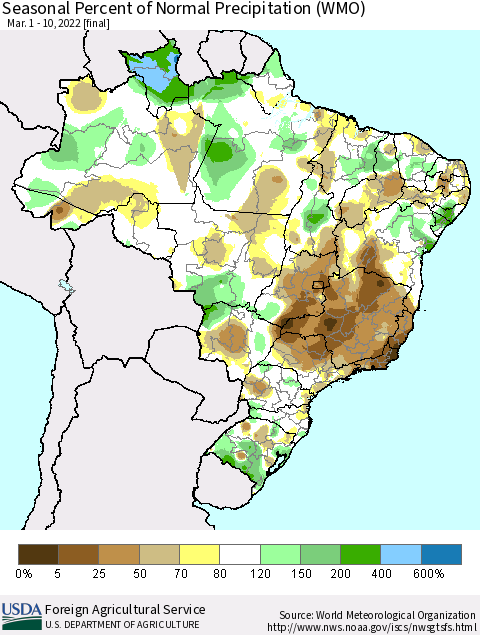Brazil Seasonal Percent of Normal Precipitation (WMO) Thematic Map For 3/1/2022 - 3/10/2022