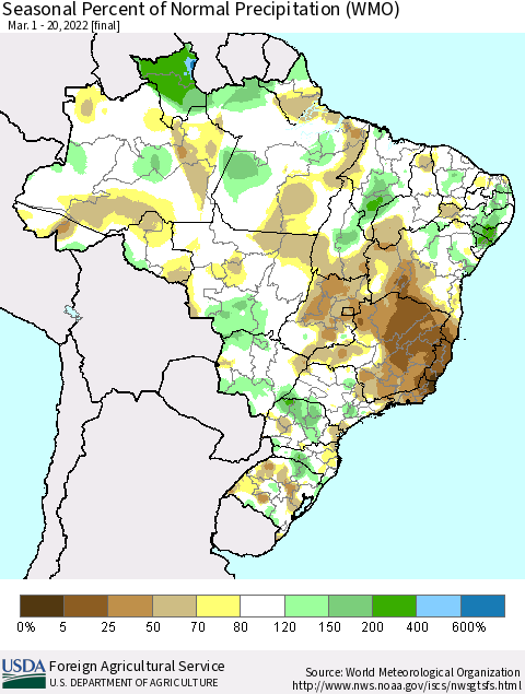 Brazil Seasonal Percent of Normal Precipitation (WMO) Thematic Map For 3/1/2022 - 3/20/2022