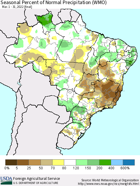 Brazil Seasonal Percent of Normal Precipitation (WMO) Thematic Map For 3/1/2022 - 3/31/2022