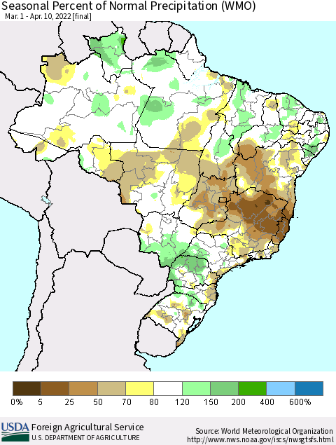 Brazil Seasonal Percent of Normal Precipitation (WMO) Thematic Map For 3/1/2022 - 4/10/2022