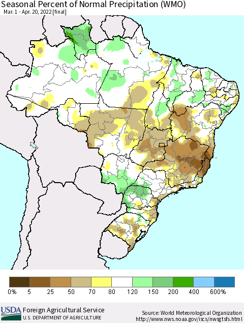 Brazil Seasonal Percent of Normal Precipitation (WMO) Thematic Map For 3/1/2022 - 4/20/2022