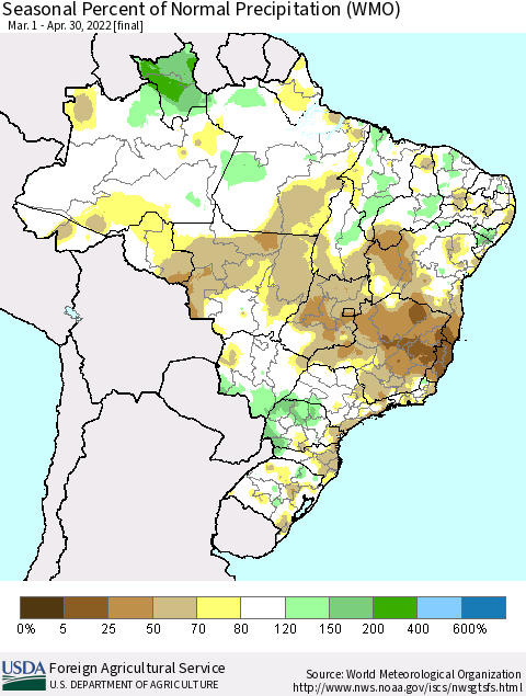 Brazil Seasonal Percent of Normal Precipitation (WMO) Thematic Map For 3/1/2022 - 4/30/2022