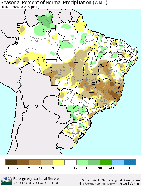 Brazil Seasonal Percent of Normal Precipitation (WMO) Thematic Map For 3/1/2022 - 5/10/2022