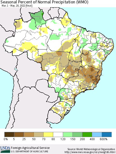 Brazil Seasonal Percent of Normal Precipitation (WMO) Thematic Map For 3/1/2022 - 5/20/2022