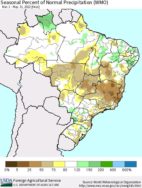 Brazil Seasonal Percent of Normal Precipitation (WMO) Thematic Map For 3/1/2022 - 5/31/2022
