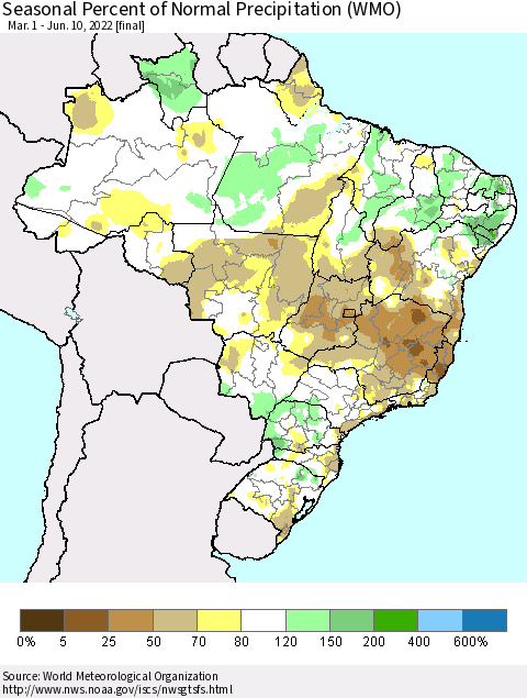 Brazil Seasonal Percent of Normal Precipitation (WMO) Thematic Map For 3/1/2022 - 6/10/2022