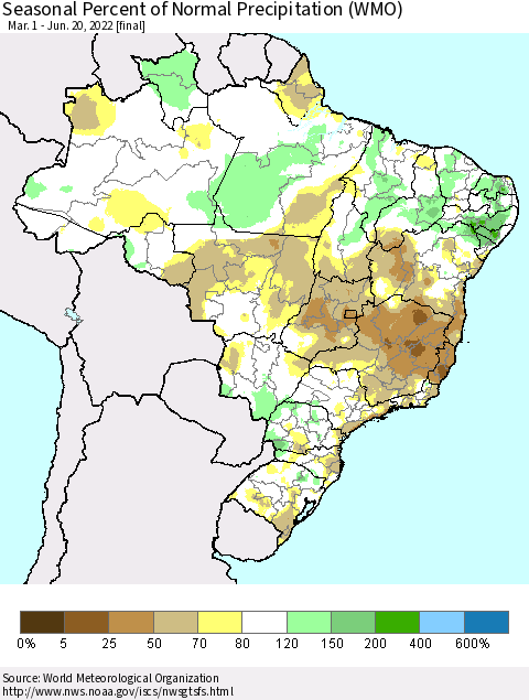Brazil Seasonal Percent of Normal Precipitation (WMO) Thematic Map For 3/1/2022 - 6/20/2022