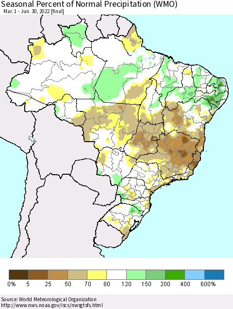 Brazil Seasonal Percent of Normal Precipitation (WMO) Thematic Map For 3/1/2022 - 6/30/2022