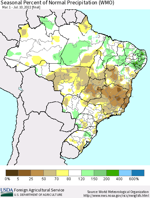 Brazil Seasonal Percent of Normal Precipitation (WMO) Thematic Map For 3/1/2022 - 7/10/2022