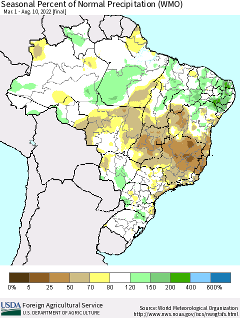 Brazil Seasonal Percent of Normal Precipitation (WMO) Thematic Map For 3/1/2022 - 8/10/2022