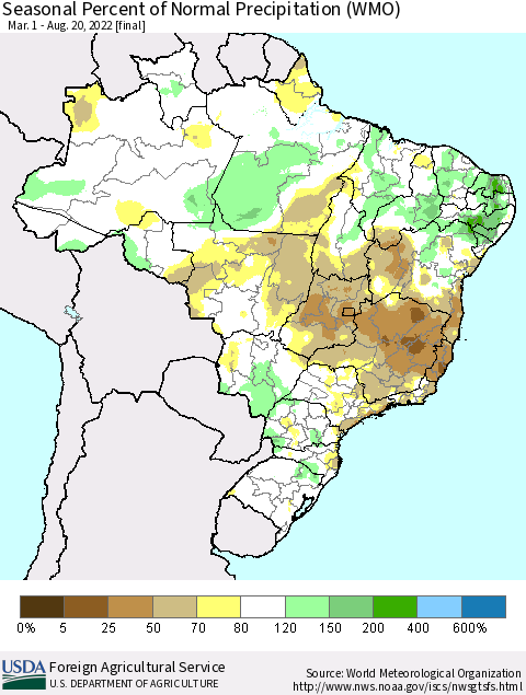 Brazil Seasonal Percent of Normal Precipitation (WMO) Thematic Map For 3/1/2022 - 8/20/2022