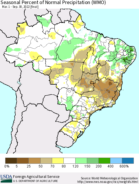 Brazil Seasonal Percent of Normal Precipitation (WMO) Thematic Map For 3/1/2022 - 9/30/2022