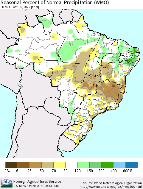 Brazil Seasonal Percent of Normal Precipitation (WMO) Thematic Map For 3/1/2022 - 10/10/2022