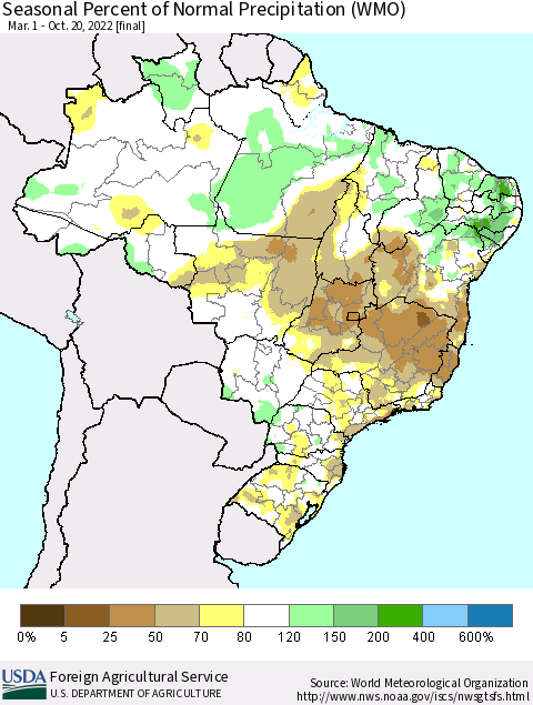 Brazil Seasonal Percent of Normal Precipitation (WMO) Thematic Map For 3/1/2022 - 10/20/2022