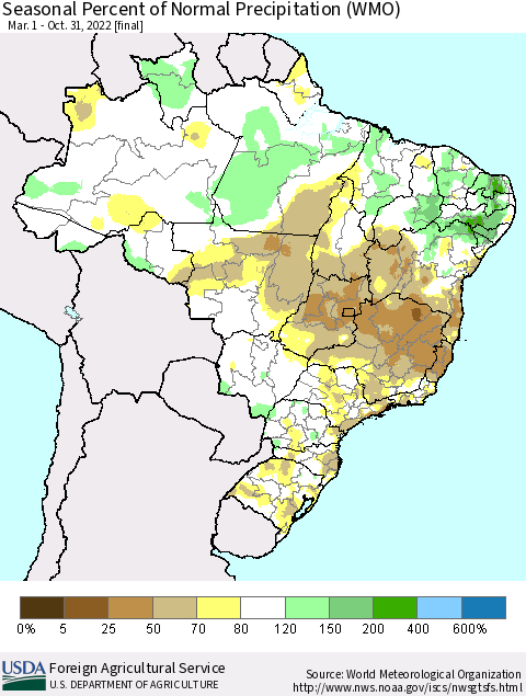 Brazil Seasonal Percent of Normal Precipitation (WMO) Thematic Map For 3/1/2022 - 10/31/2022