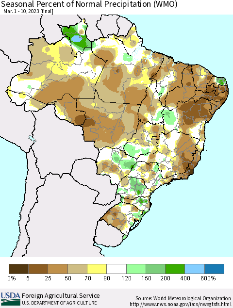 Brazil Seasonal Percent of Normal Precipitation (WMO) Thematic Map For 3/1/2023 - 3/10/2023