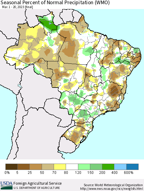 Brazil Seasonal Percent of Normal Precipitation (WMO) Thematic Map For 3/1/2023 - 3/20/2023