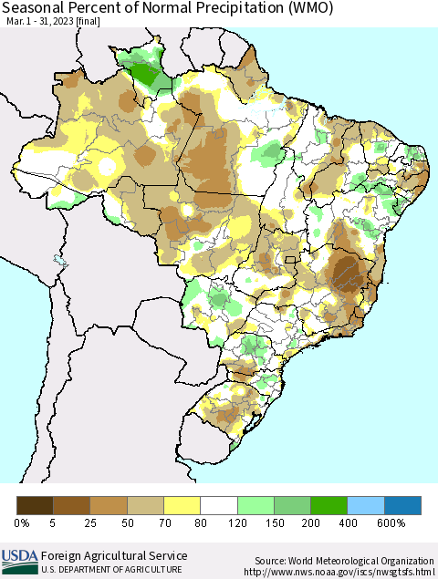 Brazil Seasonal Percent of Normal Precipitation (WMO) Thematic Map For 3/1/2023 - 3/31/2023