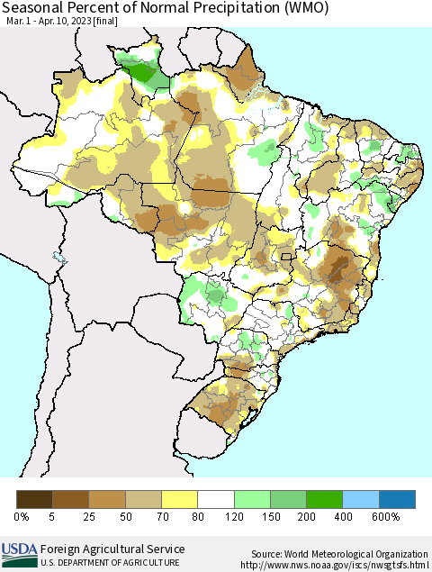 Brazil Seasonal Percent of Normal Precipitation (WMO) Thematic Map For 3/1/2023 - 4/10/2023