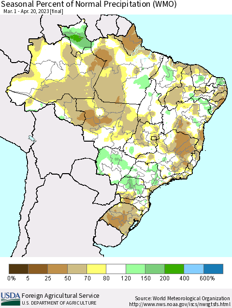 Brazil Seasonal Percent of Normal Precipitation (WMO) Thematic Map For 3/1/2023 - 4/20/2023