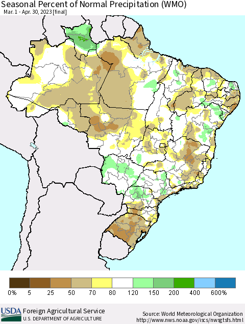 Brazil Seasonal Percent of Normal Precipitation (WMO) Thematic Map For 3/1/2023 - 4/30/2023
