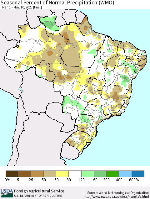 Brazil Seasonal Percent of Normal Precipitation (WMO) Thematic Map For 3/1/2023 - 5/10/2023