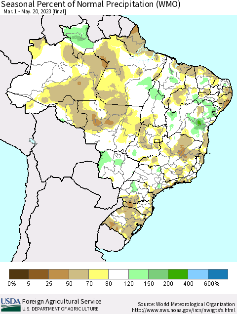 Brazil Seasonal Percent of Normal Precipitation (WMO) Thematic Map For 3/1/2023 - 5/20/2023