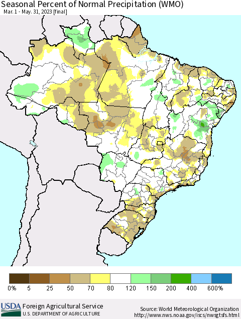 Brazil Seasonal Percent of Normal Precipitation (WMO) Thematic Map For 3/1/2023 - 5/31/2023