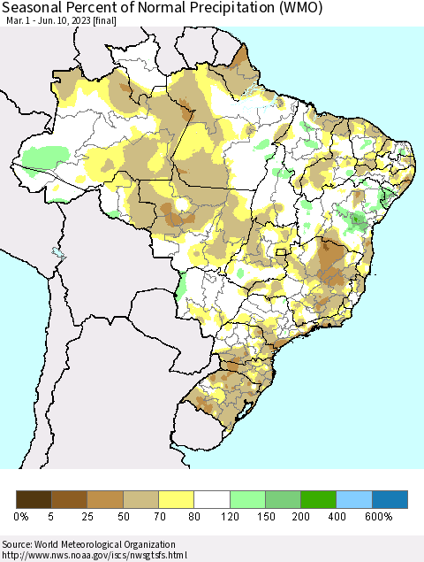 Brazil Seasonal Percent of Normal Precipitation (WMO) Thematic Map For 3/1/2023 - 6/10/2023