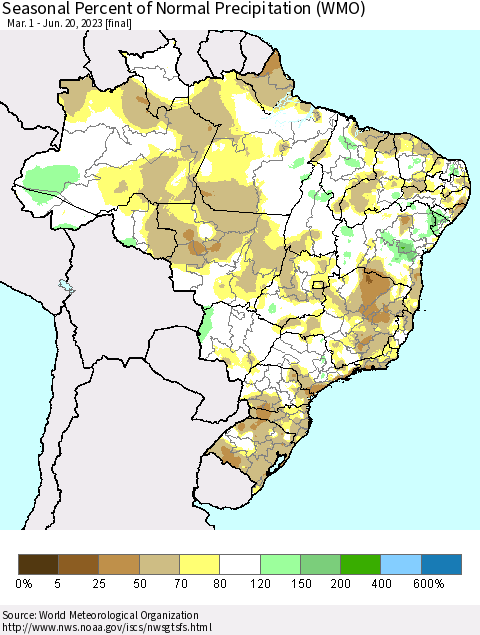 Brazil Seasonal Percent of Normal Precipitation (WMO) Thematic Map For 3/1/2023 - 6/20/2023