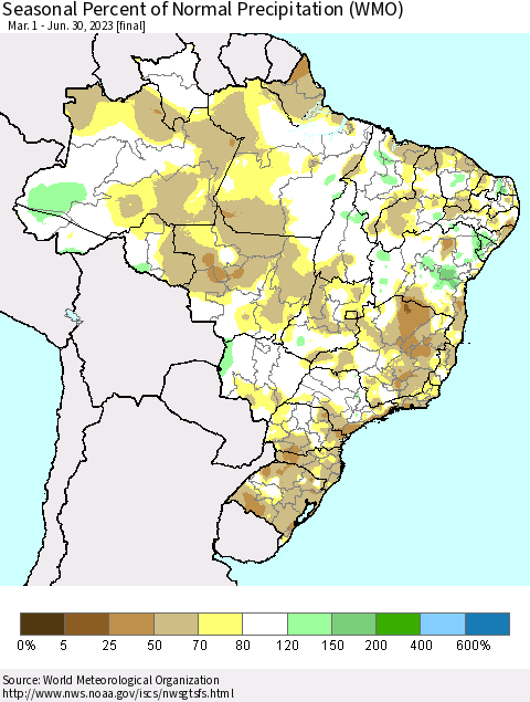 Brazil Seasonal Percent of Normal Precipitation (WMO) Thematic Map For 3/1/2023 - 6/30/2023