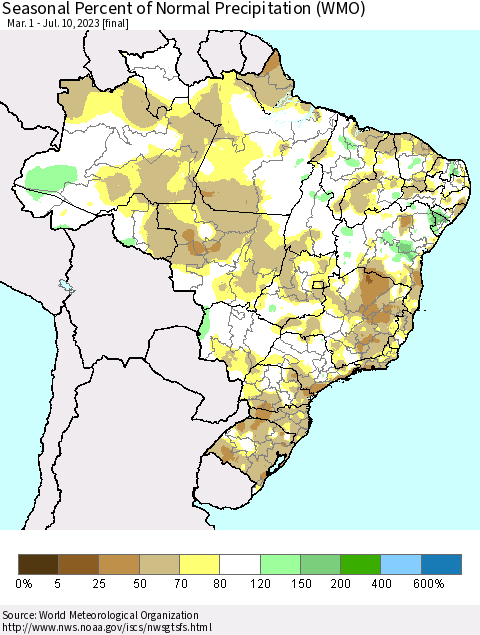 Brazil Seasonal Percent of Normal Precipitation (WMO) Thematic Map For 3/1/2023 - 7/10/2023