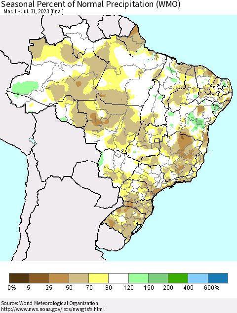 Brazil Seasonal Percent of Normal Precipitation (WMO) Thematic Map For 3/1/2023 - 7/31/2023
